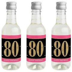 Big Dot of Happiness Chic 80th Birthday - Pink, Black and Gold - Mini Wine and Champagne Bottle Label Stickers - Birthday Party Favor Gift - Set of 16