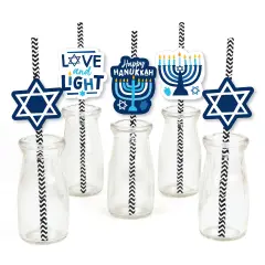Big Dot of Happiness Hanukkah Menorah - Paper Straw Decor - Chanukah Holiday Party Striped Decorative Straws - Set of 24