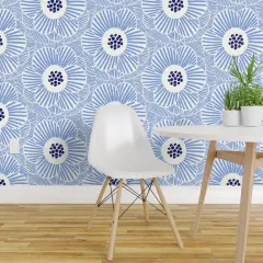Pre-Pasted Wallpaper 2FT Wide Blue Camellia Floral Modern Abstract Hand-Drawn Large Scale Custom Pre-pasted Wallpaper by Spoonflower