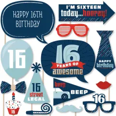 Big Dot of Happiness Boy 16th Birthday - Sweet Sixteen Birthday Party Photo Booth Props Kit - 20 Count