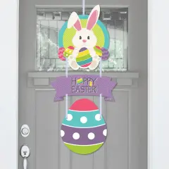 Big Dot of Happiness Hippity Hoppity - Hanging Porch Easter Bunny Party Outdoor Decorations - Front Door Decor - 3 Piece Sign