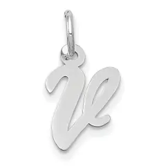 14K White Gold Small Script Initial Letter V Charm Jewerly 17mm x 8mm