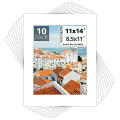 Pack of 10, 11x14 for 8.5x11 White Color Mats - Acid Free, 4-ply Thickness, White Core - for Pictures, Photos, Framing