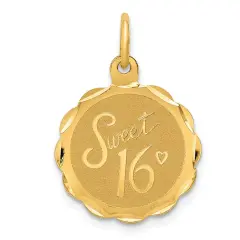 14K Yellow Gold Sweet Sixteen Disc Charm Pendant Jewerly 23mm x 15mm