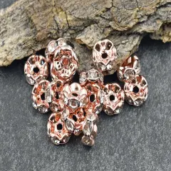Rose Gold w/ Crystal Rhinestone Wavy Edge Rondelle Spacer Beads
