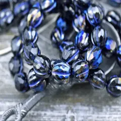 *12* 10mm Bronze Washed Jet Black Blue Marea Faceted Round Melon Beads