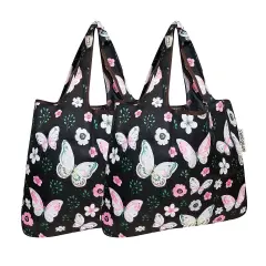 Wrapables Foldable Tote Nylon Reusable Grocery Bag (Set of 2) Midnight Butterfly