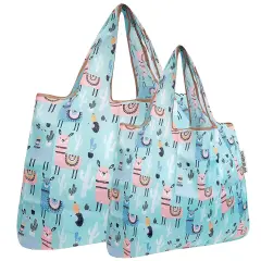 Wrapables Large & Small Foldable Tote Nylon Reusable Grocery Bags, Set of 2 Llamas