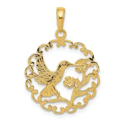 14K Yellow Gold Hummingbird & Flower Charm Bird Pendant Jewerly 27mm x 20mm