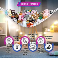 Large Stuffed Animal Net Hammock for Plushie Toys | Corner Hanging Organizer for your Teddy and Stuffy Collection | Easy to Hang w/Included Anchors & Hooks (White)