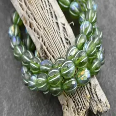 *20* 8mm Metallic Green Washed Matte Peridot AB Faceted Round Melon Beads