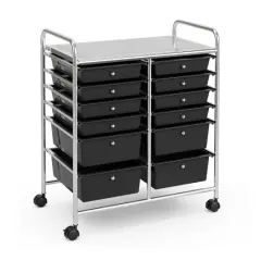 Mobile 12-Drawer Storage Organizer Cart with Ventilated Top Locking Wheels and Sturdy Frame Black