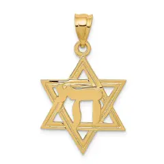 14K Yellow Gold Chai Star of David Charm Pendant Jewerly 30mm x 18mm