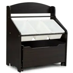 Kids Wooden Toy Storage Unit Organizer with Rolling Toy Box and Plastic Bins Espresso