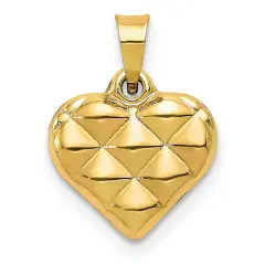 14K Gold Quilted Puffed Heart Charm Pendant Jewelry 15 x 11 mm
