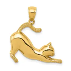 14K Yellow Gold Stretching Cat Charm Kitty Pendant Jewerly 25mm x 24mm