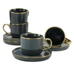 American Atelier Gold Rimmed Teacup and Saucer, Set of 4 | 7.6 Oz - Navy