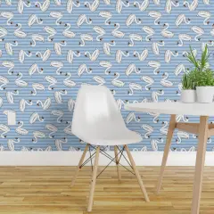 Pre-Pasted Wallpaper 2FT Wide Whimsical Summer Beach Stripes Swan Pool Fun Small Scale Coastal Ocean Blue Custom Pre-pasted Wallpaper by Spoonflower