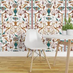 Pre-Pasted Wallpaper 2FT Wide White Floral Birds Ribbons Vase Italian Naples Baroque Palace Villa Mediterranean Botanical Fresco Rococo Large Scale Custom Pre-pasted Wallpaper by Spoonflower