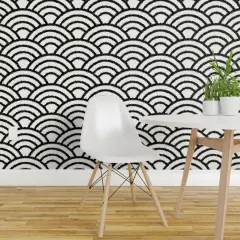 Peel & Stick Wallpaper 2FT Wide Rice And Nori Black White Japan Japanese Wave Geometric Monochrome Stripes Custom Removable Wallpaper by Spoonflower