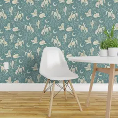 Peel & Stick Wallpaper 2FT Wide Southwest Dusky Blue Boots Cactus Ranch Rodeo Cowboy Hat Moon Custom Removable Wallpaper by Spoonflower