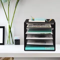 5 Slot Desk Organizer Tray, Mesh File Paper Letter Tray Desktop Paper Sorter Literature Organizer Rack for Home, Office, or School, Black