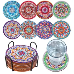 8 Pcs Coasters with Holder - Mandala DIY Diamond Art Crafts for Adults, Small Diamond Painting Kits Accessories