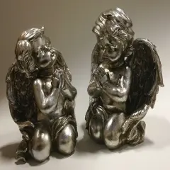 Roman Praying Cherub Angel Figurines - 8" - Pewter Finish - Set of 2 Metallic
