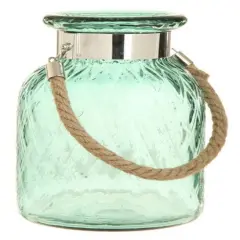 Raz 9.75" French Countryside Hanging Green Harlequin Glass Lantern with Jute Handle