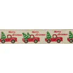 Northlight Green and Red Vintage Trucks with Christmas Trees Wired Craft Ribbon 2.5" x 16 Yards