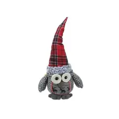 Northlight Plush Owl with Plaid Hat Christmas Figure - 16.75" - Red and Gray