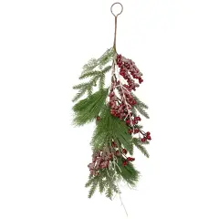 Northlight 28" Frosted Red Berries and Pine Cones Artificial Christmas Teardrop Swag Green