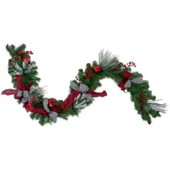 Northlight Double Plaid with Berries and Jingle Bells Artificial Christmas Garland - 6' x 12" Unlit Green