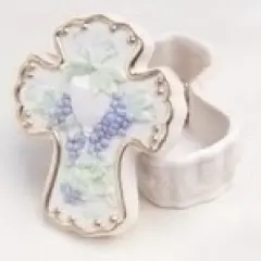 Roman Communion Cross Trinket Box with Chalice and Grapes -4.5" White