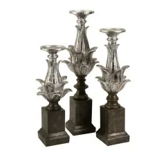 CC Home Furnishings Set of 3 Dramatic Silver Lotus Flower Candlestick Holders