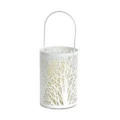 Melrose 8" White Tree Pattern Battery Operated LED Candle Lantern with Timer
