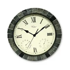 Swim Central 15" Battery Operated Faux Stone Large Print Roman Numeral Outdoor Clock with Thermometer and Hygrometer Beige