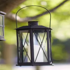 Melrose 14.5" Black Cottage Style Glass Lantern with LED Flameless Pillar Candle