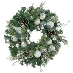Northlight Green Pine Artificial Christmas Wreath with Berries and Iridescent Ornaments, 24-Inch