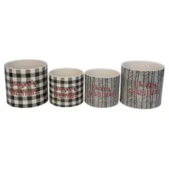 Melrose Set of 4 White and Black Holiday Slogan Printed Christmas Pots 6"