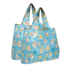 Wrapables Medium Foldable Tote Nylon Reusable Grocery Bag (Set of 2), Silly Owls