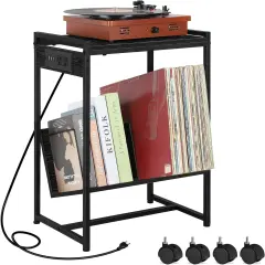 Record Player Holder Stand End Table with Vinyl Storage Black