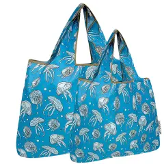 Wrapables Large & Small Foldable Tote Nylon Reusable Grocery Bags, Set of 2, Jellyfish