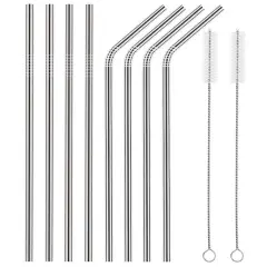 8-Piece 10.5" Stainless Steel Cocktail Straw Set with 2 Cleaning Brushes Silver