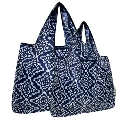 Wrapables Large & Small Foldable Tote Nylon Reusable Grocery Bags, Set of 2, Navy Deco
