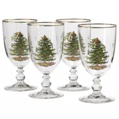 Spode Christmas Tree 16 Ounces Pedestal Goblets with Gold Rims, Set of 4