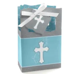 Big Dot of Happiness Little Miracle Boy Blue & Gray Cross - Baptism or Baby Shower Favor Boxes - Set of 12