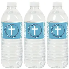 Big Dot of Happiness Blue Elegant Cross - Boy Religious Party Water Bottle Sticker Labels - Set of 20