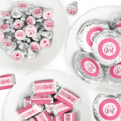 Big Dot of Happiness It's A Girl - Mini Candy Bar Wrappers, Round Candy Stickers & Circle Stickers - Pink Baby Shower Candy Favor Sticker Kit -304 Pcs