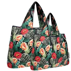 Wrapables Large & Small Foldable Tote Nylon Reusable Grocery Bags, Set of 2, Floral Cactus